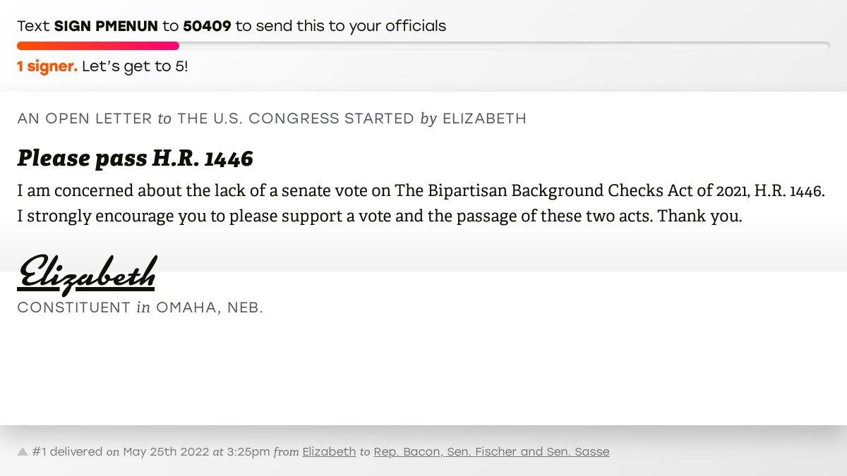 🖋 Sign “Please pass H.R. 1446” and I’ll deliver a copy to your officials: twitter.com/messages/compo… 📨 No. 1 is from Elizabeth to @RepDonBacon, @SenatorFischer and @SenSasse #NE02 #NEpol #HR1446