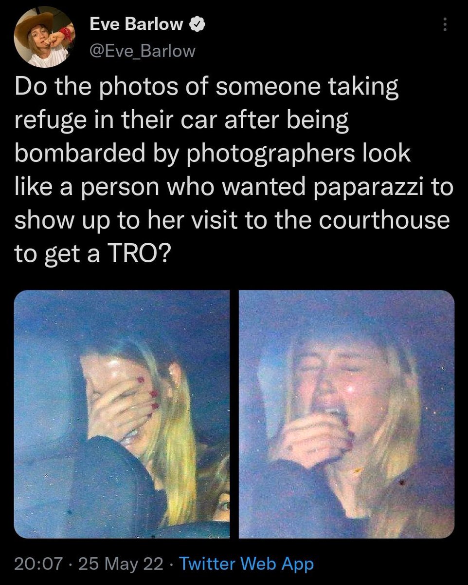 GellertDepp's tweet photo. Eve Barlow stop lying challenge. 

Amber Heard pretends to cry, Raquel slides down in her seat so she can get seen. 

Seconds later Amber is seen without a tear or redness and Raquel is sat back in the seat. End scene 🎬 #JusticeForJohnnyDepp #DeppHeardTrial #AmberHeardlsAnAbuser https://t.co/569YrZaTcE