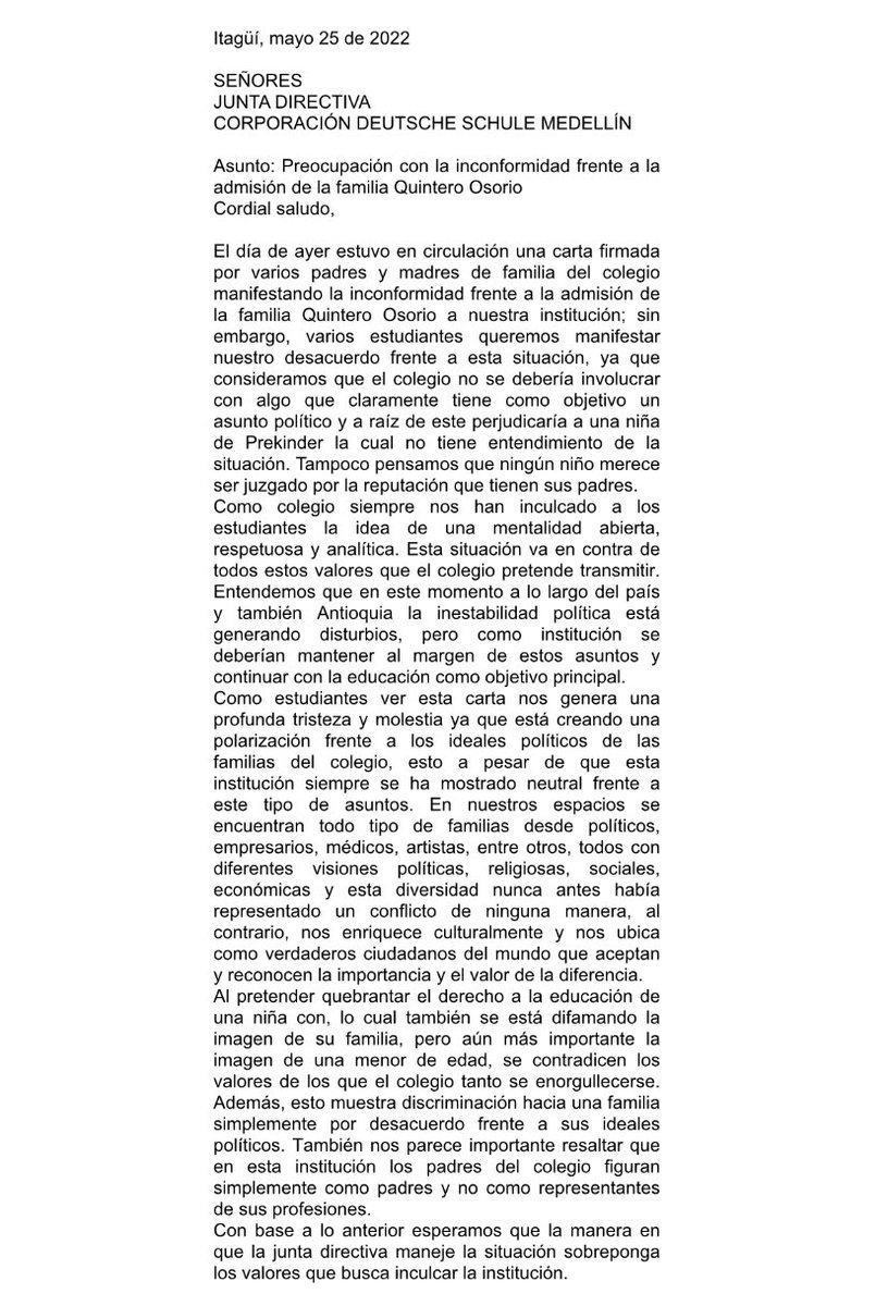 Juanita47687235's tweet photo. No todos en el colegio Alemán pensamos igual…. Esta es la carta presentada por más de 80 estudiantes del colegio frente la carta presentada por solamente 25 padres de familia. @QuinteroCalle #colegioalemanmedellin https://t.co/aITAIYcY09