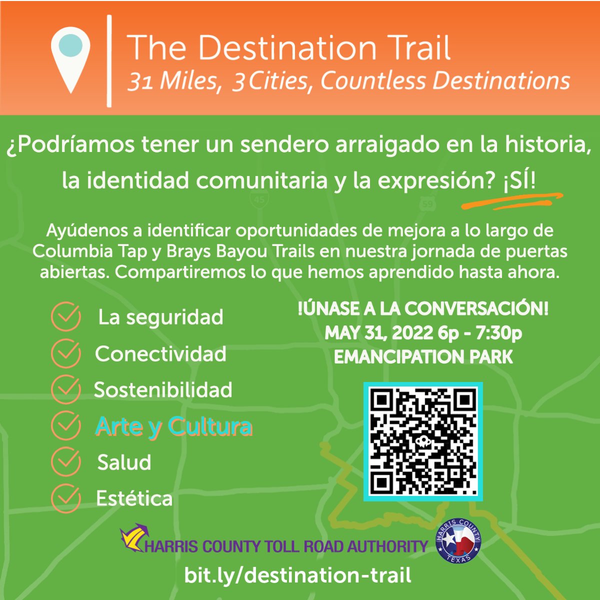 HCTRA's tweet photo. El #DestinationTrail puede honrar los caminos de nuestras comunidades al ser un sendero arraigado en la historia, la identidad comunitaria y la expresión. Únase a nosotros en nuestra Casa Abierta el 5/31 @ Emancipation Park de 6-7:30 p.m. 
Más información: https://t.co/DDCjNsu7TK https://t.co/rgrS2n9hOD