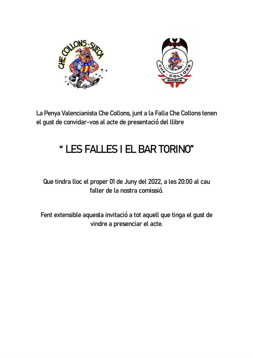 PenyaCheCollons's tweet photo. El proxim dia 1 tenim el gust de presentar el Llibre "Les Falles i El Bar Torino " al Cau Faller de la Falla Che Collons de Sueca. https://t.co/bAPaA1IOz8