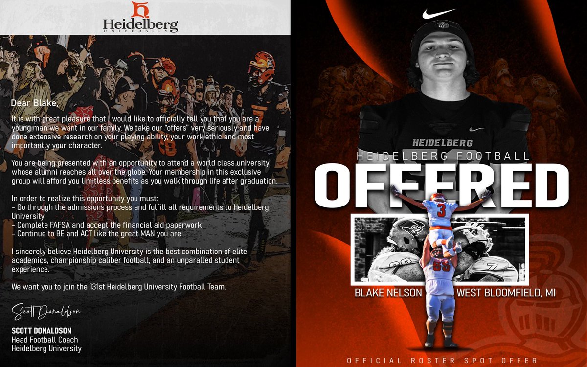 blake_nelson54's tweet photo. Wow! After a great visit and conversation with @Coach_Donaldson I am blessed to receive an offer from Heidelberg University @CoachAvila50 @coach_grice @therealepap @WBLakerFootball @ZHilbs https://t.co/H6kdHWiB9V
