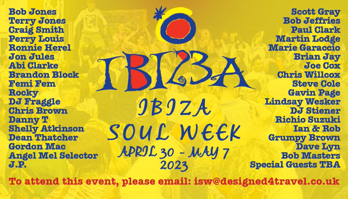 So pleased to b booked for Ibiza Soul Week 2023, YES will be there mos definitely. BIG THANKS to Mr Bob Masters for booking me with all these beautiful spinners. Going to be a brilliant week of Music, fun AND SUN on The White Isle IBIZA 2023. We will be there Oh yes!❤️❤️👍👏🙂🙂