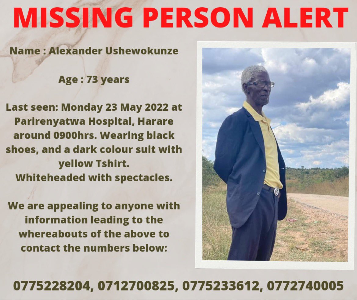 drDendere's tweet photo. Friends in Harare please help.
Our sekuru has gone missing. He went to visit our aunt at Parirenyatwa on Monday May 23, 2022. Left around 10am to stretch his legs and hasn’t been seen since. His name is Alexander Ushewokunze. Tall see pic. Please help if you have any leads. https://t.co/JVhsZPcr01