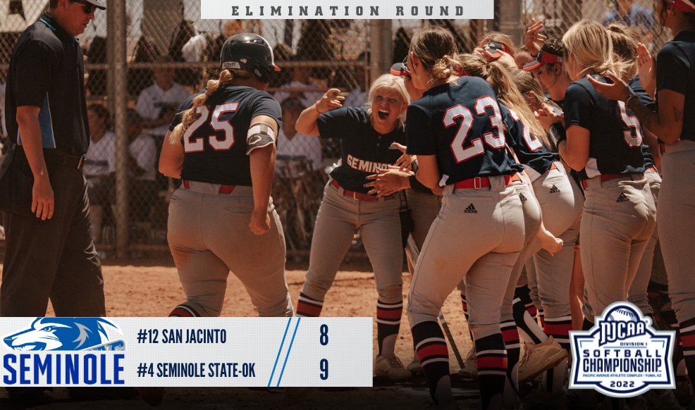 NJCAASoftball's tweet photo. Not done 𝙮𝙚𝙩!

No. 4 Seminole State walks it off in the eighth inning against No. 12 San Jacinto, advancing to the 8:00 PM MST game at the 2022 #NJCAASoftball DI Championship.

https://t.co/JZIlZTas6w https://t.co/5VaUTQO6Te