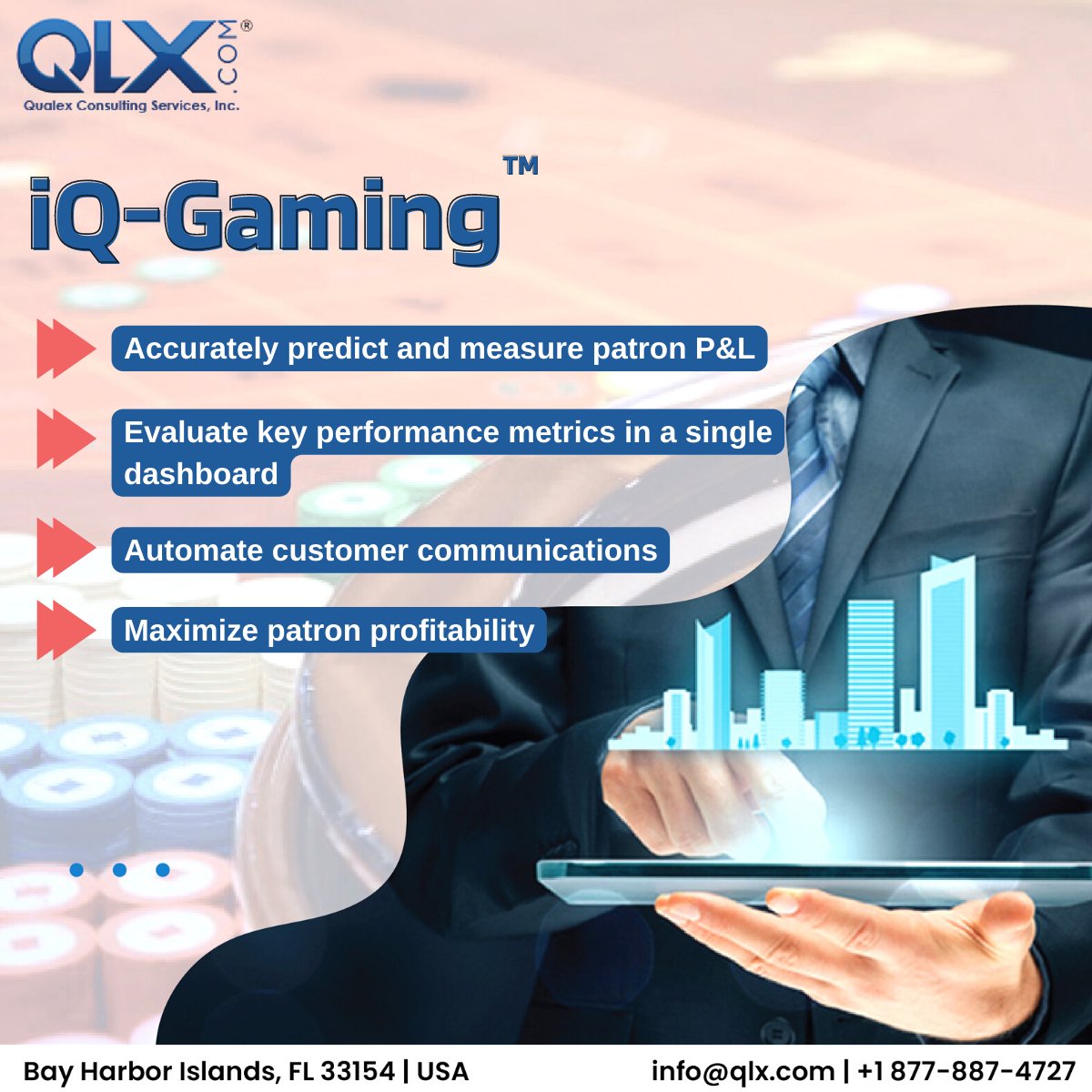 qlx_corp's tweet photo. iQ-Gaming is the one-stop solution for casinos looking for consistent reporting and predictive analytics addressing the needs of operational, marketing, accounting, and development reports. 
#technology 
#casino  
#dataanalytics 
@Qualex_Corp https://t.co/i7NbSoP4r9
