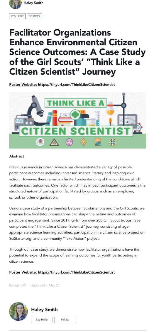 We are excited for our #CSci2022 poster session today with a focus on working across boundaries. Check out this one below with <a href="/haleysmith_1/">Haley Smith</a>; <a href="/CoopSciScoop/">Caren Cooper</a>; <a href="/k_c_busch/">K.C. Busch</a>; <a href="/SciStarter/">SciStarter</a>; <a href="/PublicSci_NCSU/">PublicScienceNCSU</a>; #girlscoutresearchinstitute