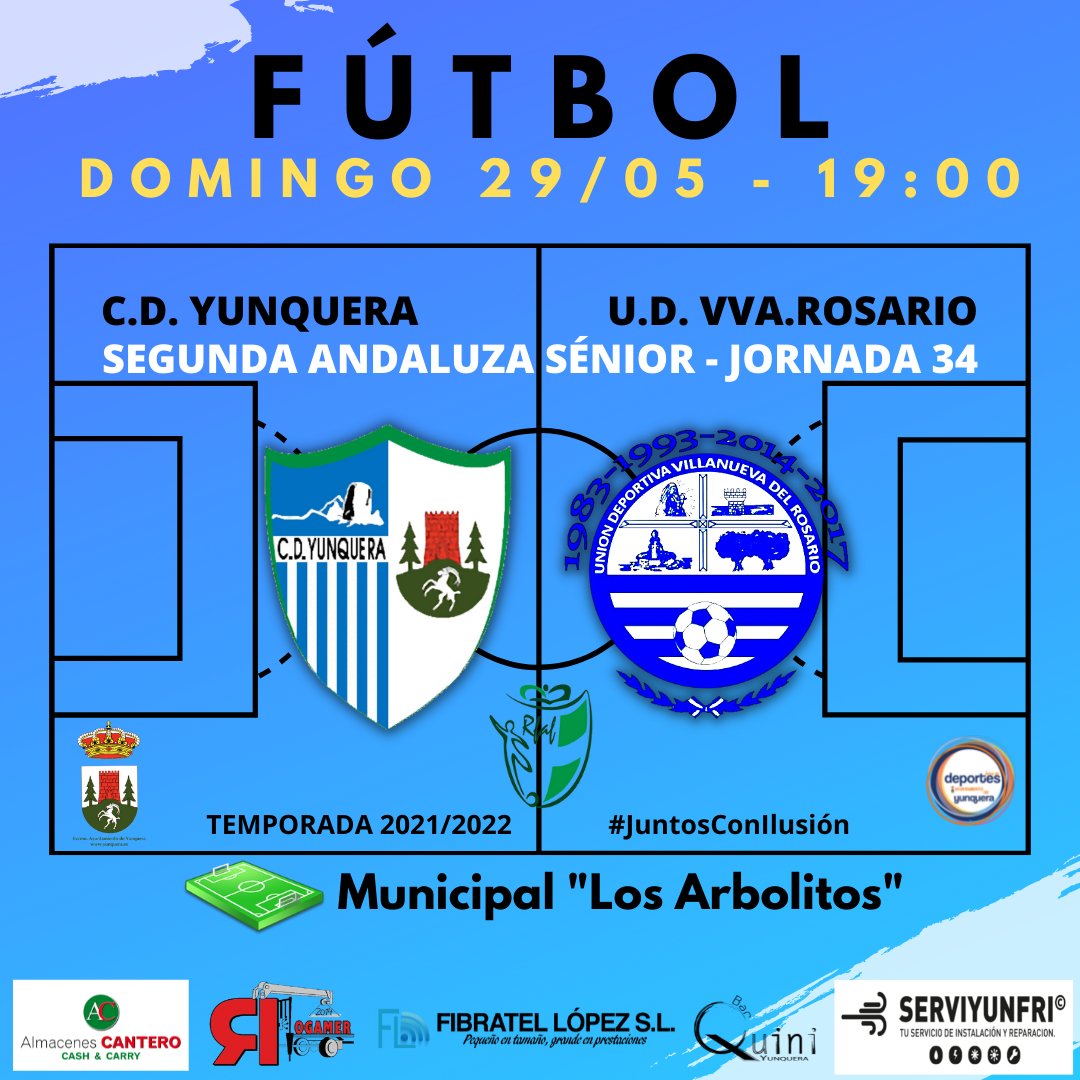 CDFYunquera's tweet photo. ⚽🔵 JORNADA 3️⃣4️⃣ 🔵⚽

Despedimos la temporada jugando en casa.

¡Os necesitamos en las gradas de Los Arbolitos, contamos con vuestro apoyo!

🆚 U.D. Villanueva del Rosario
📆 Domingo 29 de mayo
⌚ 19:00
🏆 2ª Andaluza Sénior
🏟 Municipal Los Arbolitos

 #juntosconilusión https://t.co/yXhcY0C9jV