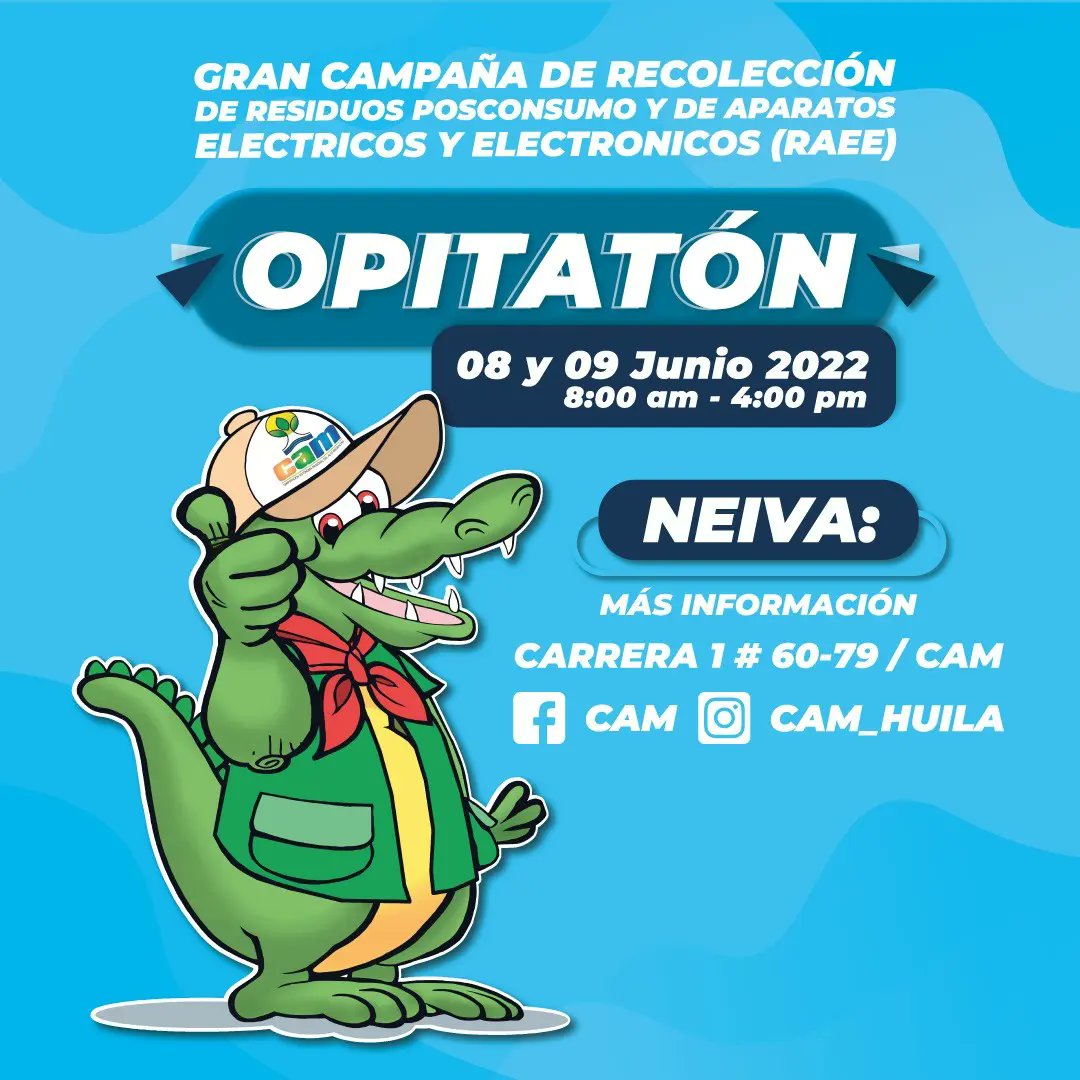 Aprovetco's tweet photo. 🚩GRAN CAMPAÑA DE RECOLECCIÓN DE RESIDUOS POSCONSUMO Y DE APARATOS ELÉCTRICOS Y ELECTRÓNICOS (RAEE) - OPITATÓN JUNIO 2022🚩
LA PLATA, HUILA⭐
7 junio de 2022 (Única fecha  8:00 am a 4:00 pm en la Plata, NO SE RECIBEN LLANTAS
NEIVA, HUILA ☀️
 8 y 9 Junio de 2022
8:00 am a 4:00 pm https://t.co/yLUHl1A9ax