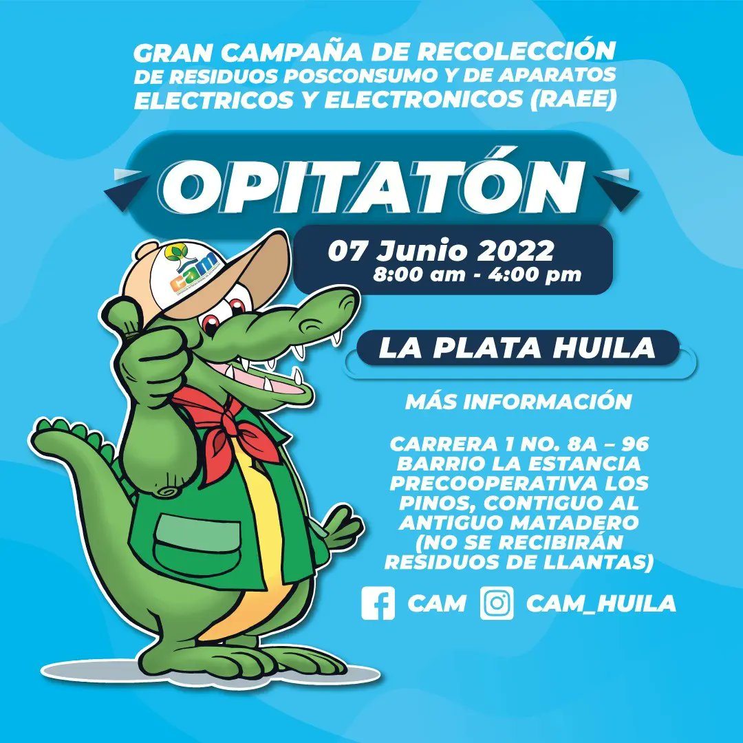 Aprovetco's tweet photo. 🚩GRAN CAMPAÑA DE RECOLECCIÓN DE RESIDUOS POSCONSUMO Y DE APARATOS ELÉCTRICOS Y ELECTRÓNICOS (RAEE) - OPITATÓN JUNIO 2022🚩
LA PLATA, HUILA⭐
7 junio de 2022 (Única fecha  8:00 am a 4:00 pm en la Plata, NO SE RECIBEN LLANTAS
NEIVA, HUILA ☀️
 8 y 9 Junio de 2022
8:00 am a 4:00 pm https://t.co/yLUHl1A9ax