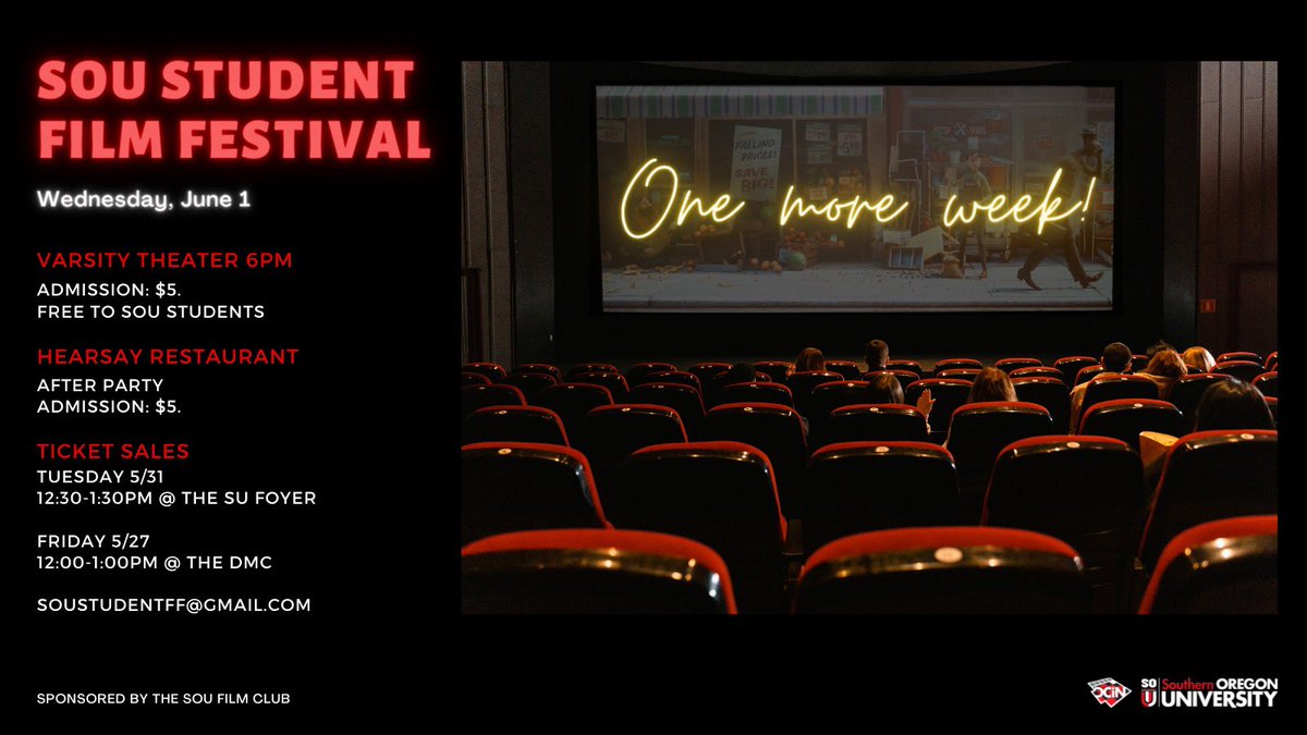 One week until the student film festival! You can still get tickets this Friday, next Tuesday, and at the door of the festival. And don’t forget to join us at Hearsay for the after party. We’ll see you there!