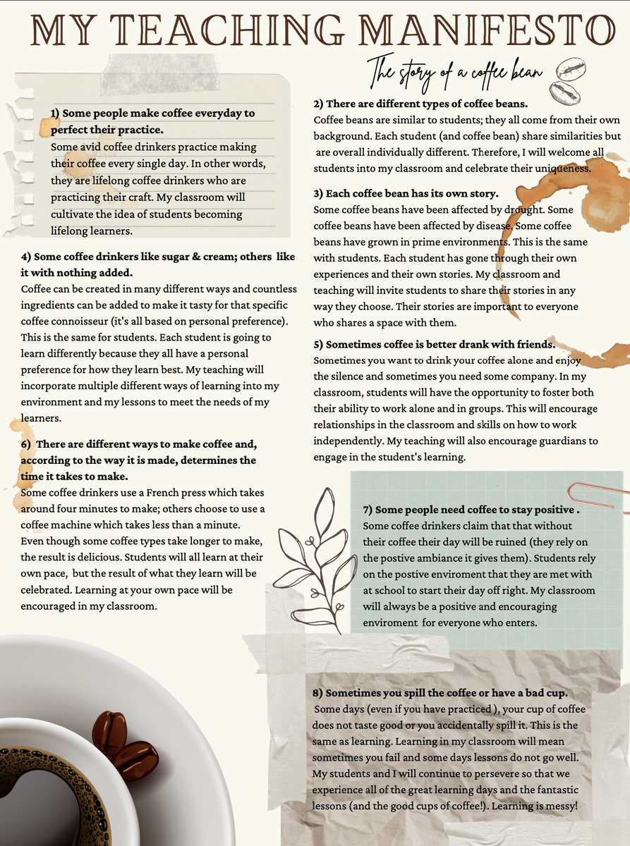 _PaigeMesser's tweet photo. This year I was asked to create a visual display of my teaching manifesto! I was super happy with how it turned out! I created it using Canva, just another way technology helps our teaching #EDTC300 https://t.co/rHl9ZIUvge