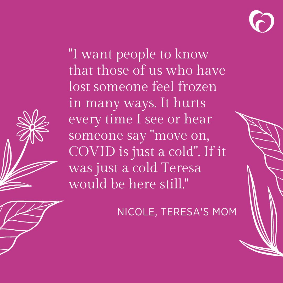 Vaxyourfam's tweet photo. “I want people to know that those of us who have lost someone feel frozen in many ways. It hurts every time I hear someone say 'move on, COVID is just a cold'. If it was just a cold Teresa would be here still.” - Teresa's mom @nksperry
#MyOneInAMillion🕯
https://t.co/0lTBtsScpv https://t.co/LnPzkadV7u
