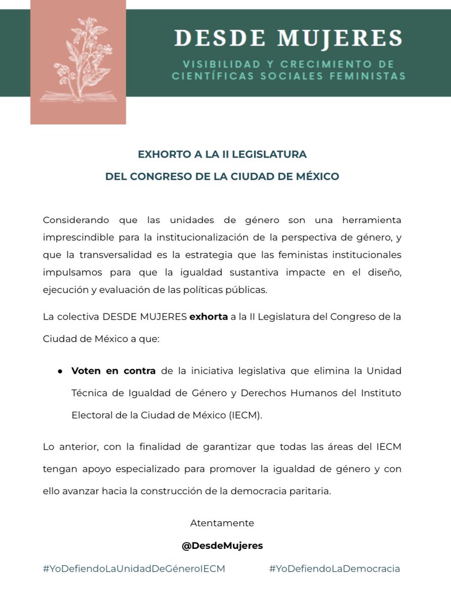 DesdeMujeres's tweet photo. En #DesdeMujeres exhortamos a las y los legisladores del @Congreso_CdMex para votar en contra de la reforma que busca eliminar áreas del @iecm, incluyendo la Unidad Técnica de Género y Derechos Humanos, los derechos no se vulneran. #YoDefiendoLaDemocracia , atentas todas 👇🏼 https://t.co/2E5YvFOvfI