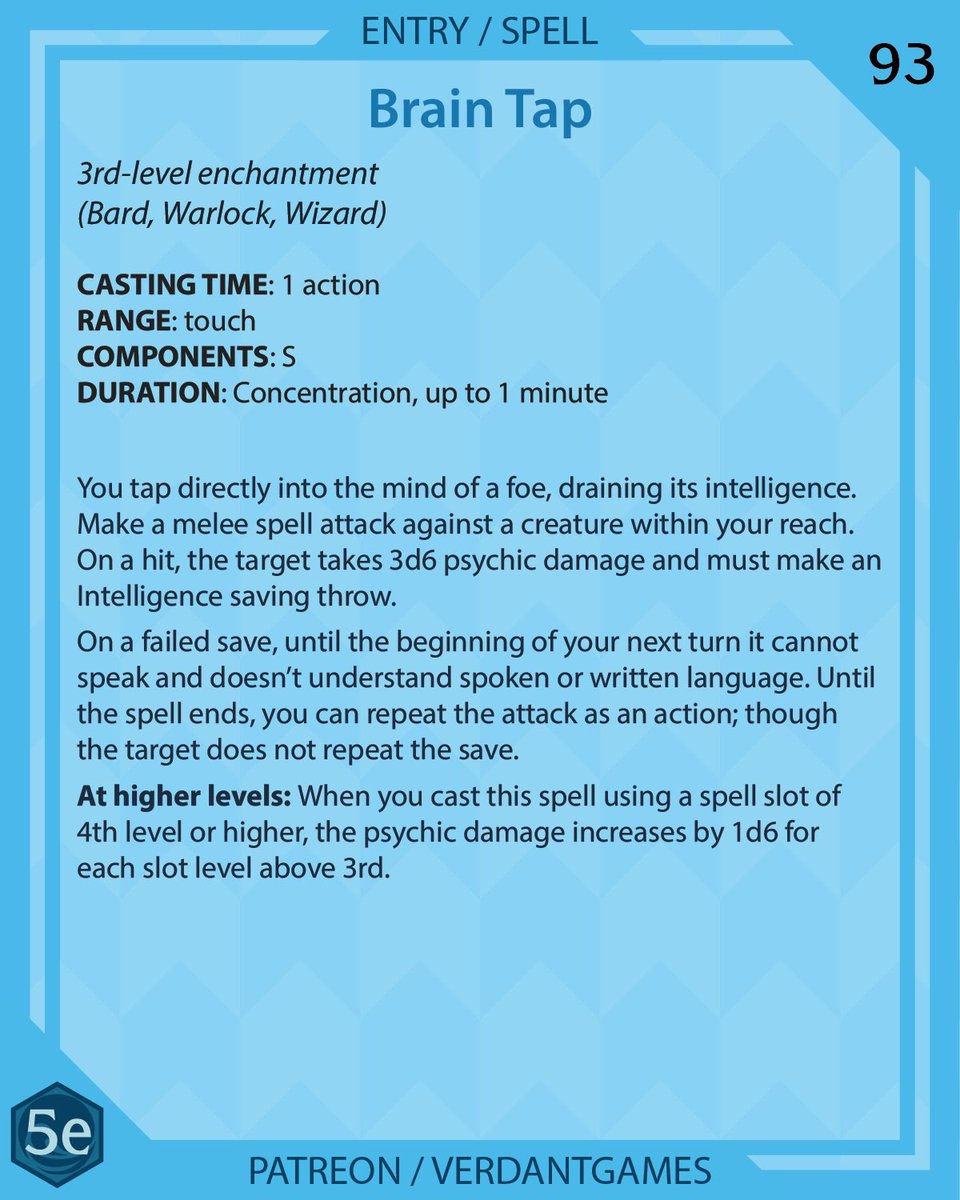 verdantgames5e's tweet photo. Brain Tap, 3rd-level enchantment 

Drain the intelligence of your foes

#foregonecompendium #dnd #dnd5e #dndhomebrew #homebrew #dndspells #5espells #patreon #patreoncreator #ttrpg #ttrpgfamily #d20 https://t.co/9blkvGaGgl