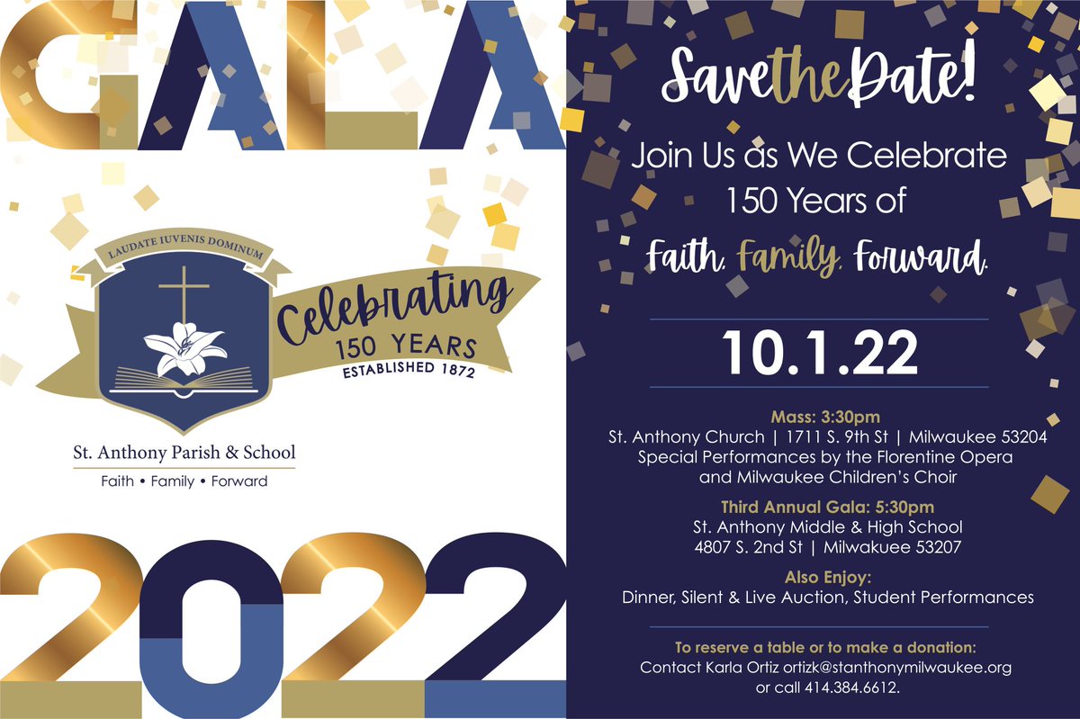 SASMilwaukee's tweet photo. You're invited to celebrate the 150th anniversary of St. Anthony Parish &amp; School on Saturday, October 1, 2022!

Click here to purchase tickets or sponsor a table at our third annual gala: https://t.co/BQyp6RWhCX. https://t.co/RQX3zPFnDZ