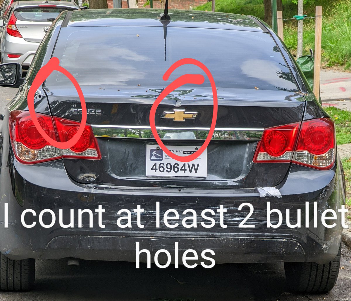 webrownjr's tweet photo. This car has been racking up tickets on the 1200 blk of Lamont St. NW for months, mainly for parking in the crosswalk. Temporary tags expired earlier this month, fresh damage to the front and I counted at least 2 bullet holes. @DCDPW @PoPville https://t.co/D6Q9G1opj3