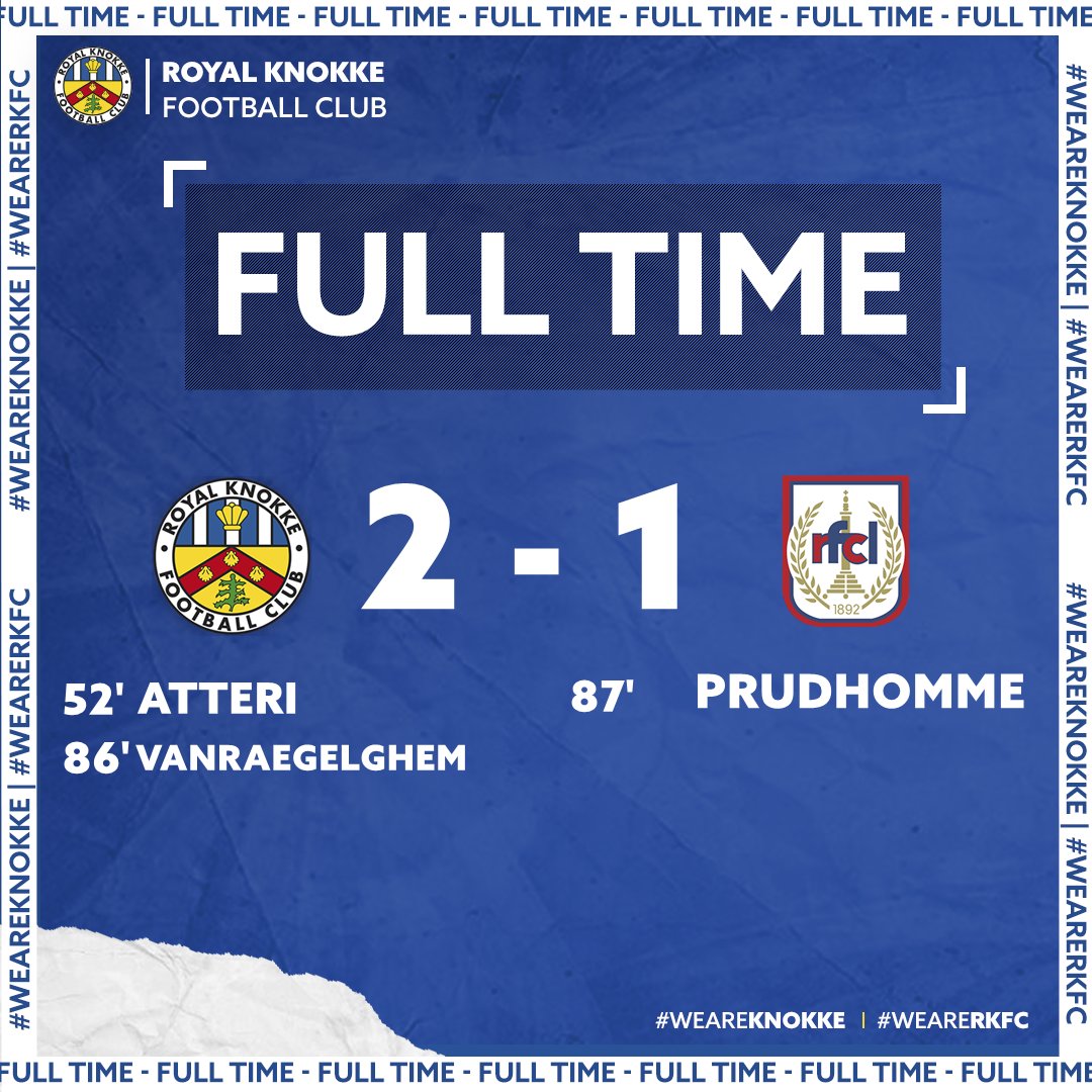 RKnokkeFC's tweet photo. FULL TIME! 

RKFC wint de laatste wedstrijd tegen RFC Liège!

2-1! Een mooie afsluiter voor een geslaagd seizoen. 🎉

Bedankt aan alle spelers en alle fans voor het fantastische jaar! 👏

#weareknokke #weareRKFC 🔵⚪ https://t.co/1qHZZSftKS