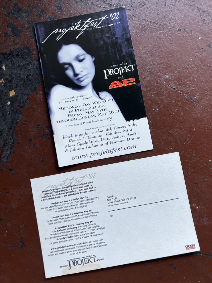 lovespirals's tweet photo. Some momentos from #ProjektFest 2002 for the 20th anniversary of this 3-day event that served as our debut live performance &amp; pre-release of 'Windblown Kiss.' An all-access pass and 2 versions of the PR postcards, one listing @AltPress as co-presenter, along with @ProjektRecords. https://t.co/0JQ9FKR9kb
