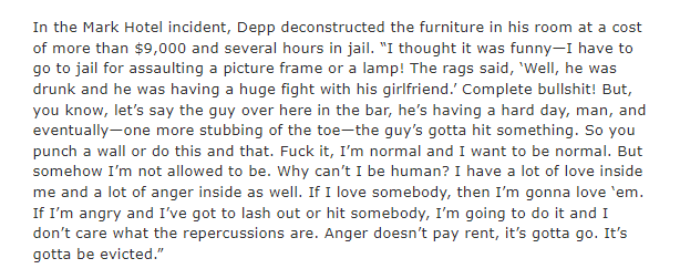 ThatUmbrella's tweet photo. Here's the ENTIRE quote that Johnny Depp couldn't remember, because it came from a 1995 DEFENCT TABLOID. 

Assuming it was actually stated by him, it was written 17 YEARS EFORE his relationship to Amber Heard AND its not about domestic abuse. https://t.co/Iuoerhi2cI