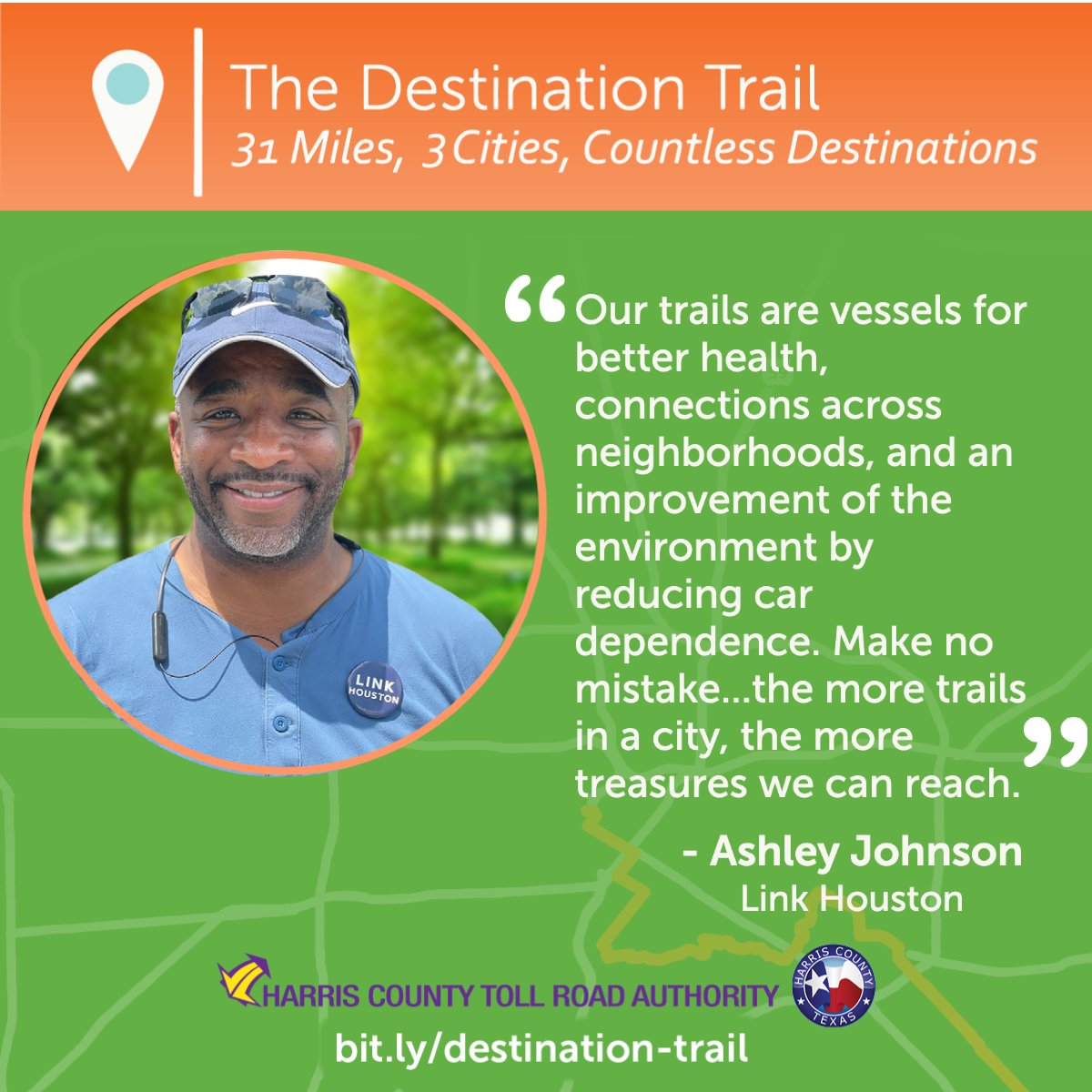 HCTRA's tweet photo. We asked community leaders why our trails are valuable to the communities they serve. Join the conversation at our Open House on May 31 at Emancipation Park from 6 - 7:30 p.m. 

Get more information here. https://t.co/DDCjNsLJik #DestinationTrail https://t.co/MmkFlgM01B