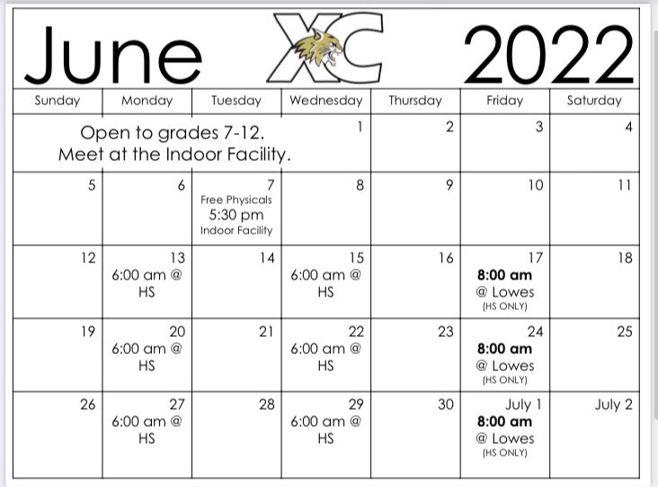 UPDATE! 
Here is the June summer workout calendar. 
We will now start on June 13th at 6am. 
Open to grades 7-12. 
Meet at the indoor facility.