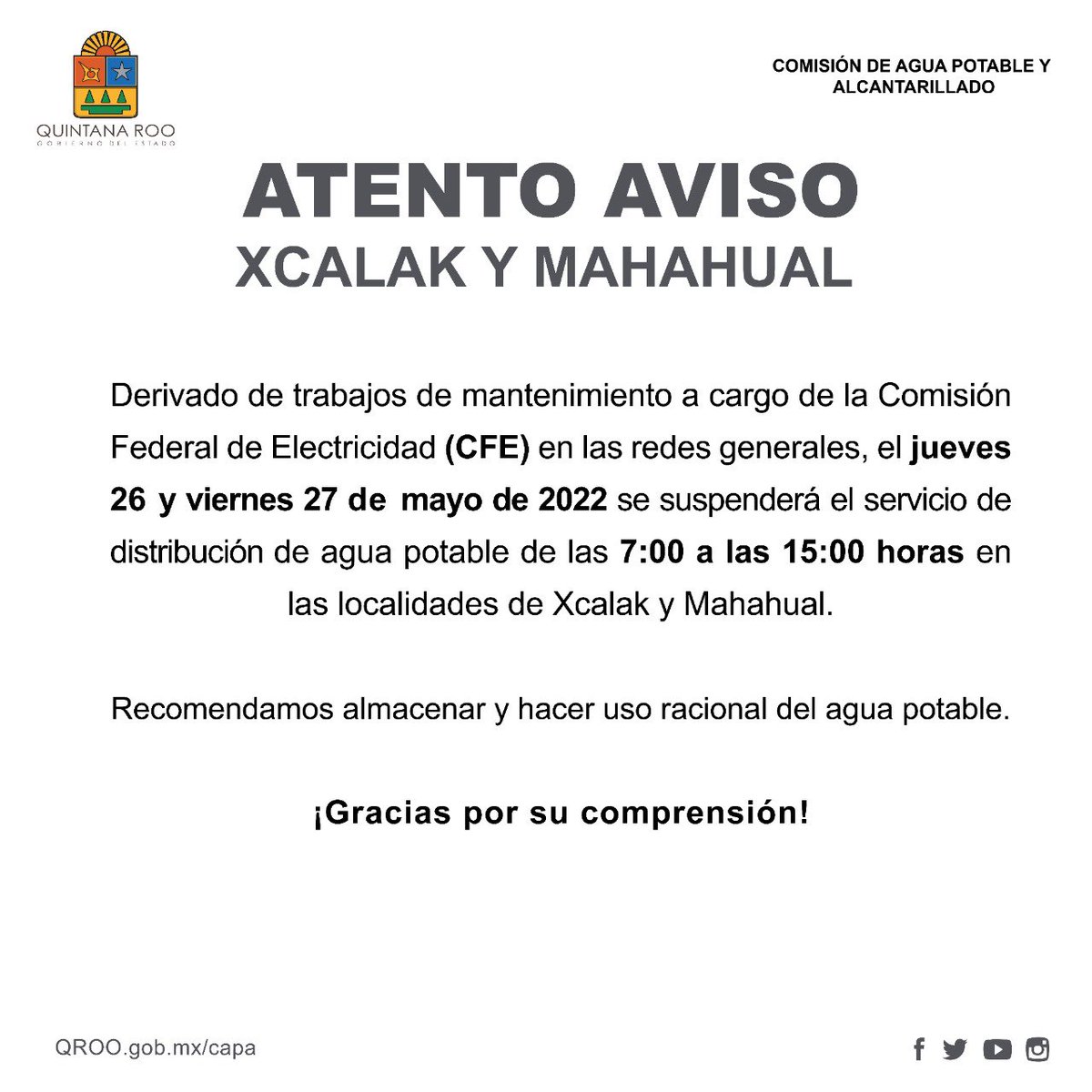 CAPAQRoo's tweet photo. AVISO IMPORTANTE ⚠️  Localidades de #Xcalak y #Mahahual en #OthónPBlanco. Favor de tomar previsiones por trabajos de la #gobieCFE. Gracias por su colaboración y comprensión. https://t.co/qjongAvM5O