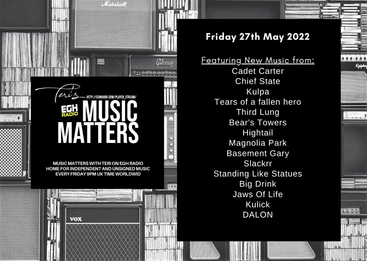 MusicMatters_T's tweet photo. Revised: Friday 9pm UK time
#ListenHere @EGHRadio
🎧 https://t.co/oUmVSisElC
Teri's #MusicMatters will play the smashing new music from
#BasementGary @Slackrr_ @statuesband #BigDrink (incl. interview) @JawsOfLifeBand @KulickOfficial #DALON +more
Check FB for info
#NewMusicAlert https://t.co/zmebJ5Vn2e