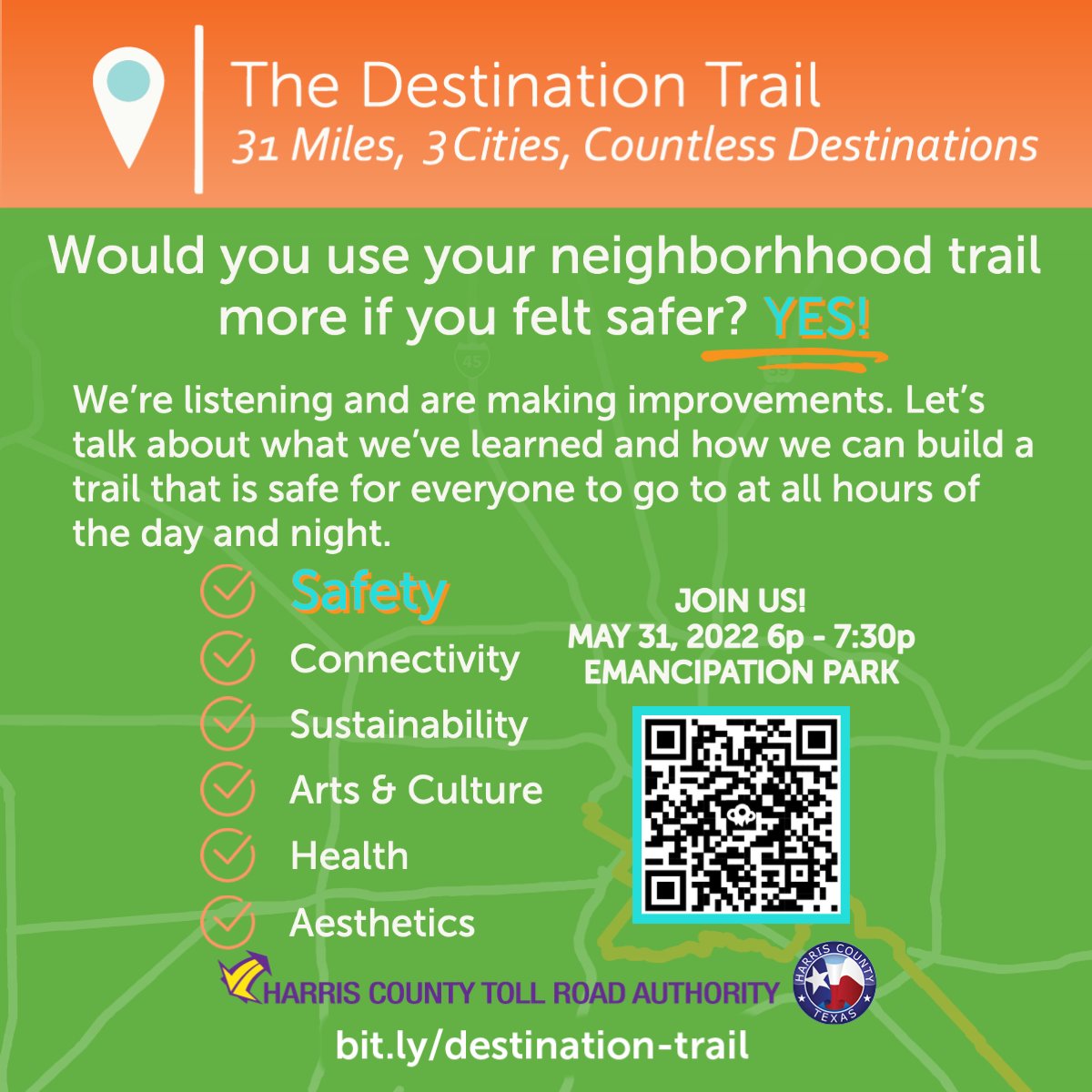 HCTRA's tweet photo. The #DestinationTrail along the Columbia Tap and Brays Bayou Trails can be a dedicated path that is safe for everyone to go to at all hours of the day and night. Join the conversation at our Open House on 5/31 @ Emancipation Park, 6-7:30 p.m.

More info: https://t.co/DDCjNsu7TK https://t.co/Ln60Ug5hOB