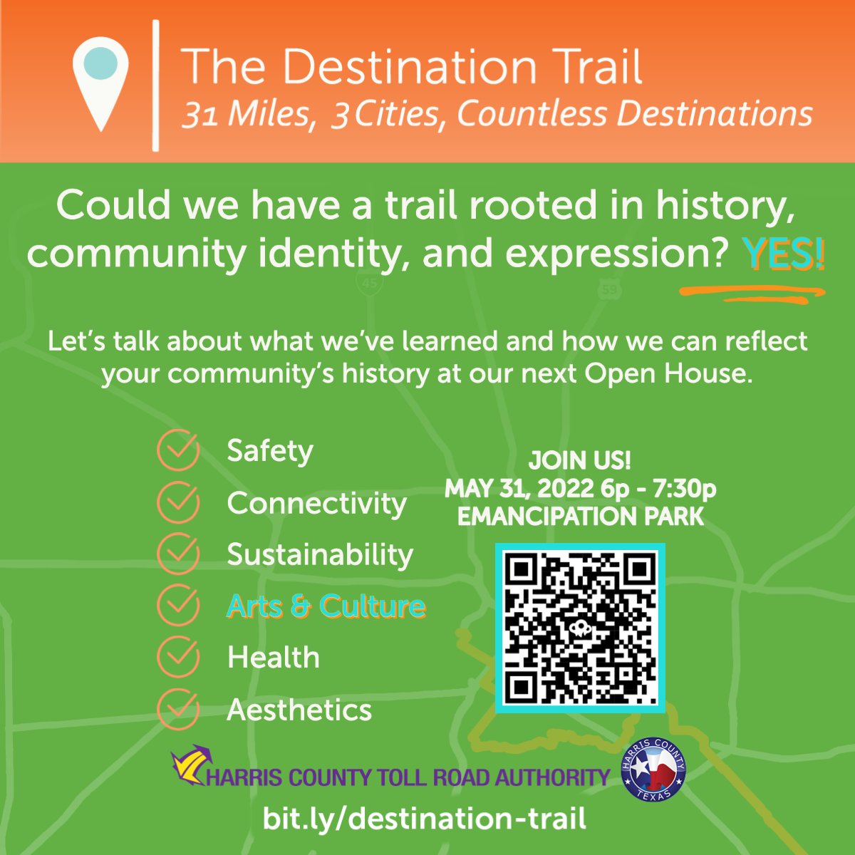 HCTRA's tweet photo. TOMORROW: In Texas, we believe everyone can be a trailblazer. What does that path look like for you in your neighborhood? 

Join the conversation about the #DestinationTrail at our Open House on May 31 @ Emancipation Park from 6 - 7:30 p.m. More info here: https://t.co/DDCjNsLJik https://t.co/8kHrODthTB