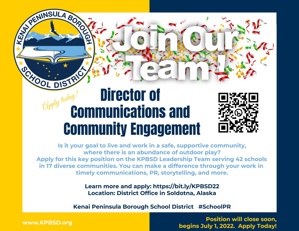 kpbsd's tweet photo. The @KPBSD is hiring a Director of Communications and Community Relations. The position begins July 1, 2022, is fulltime at the district office in Soldotna, Alaska, on the Kenai Peninsula!

Details and link to apply: https://t.co/iRZHpqmDVx

#schoolPR #communications #AKlearns https://t.co/dEVk6RrXG9