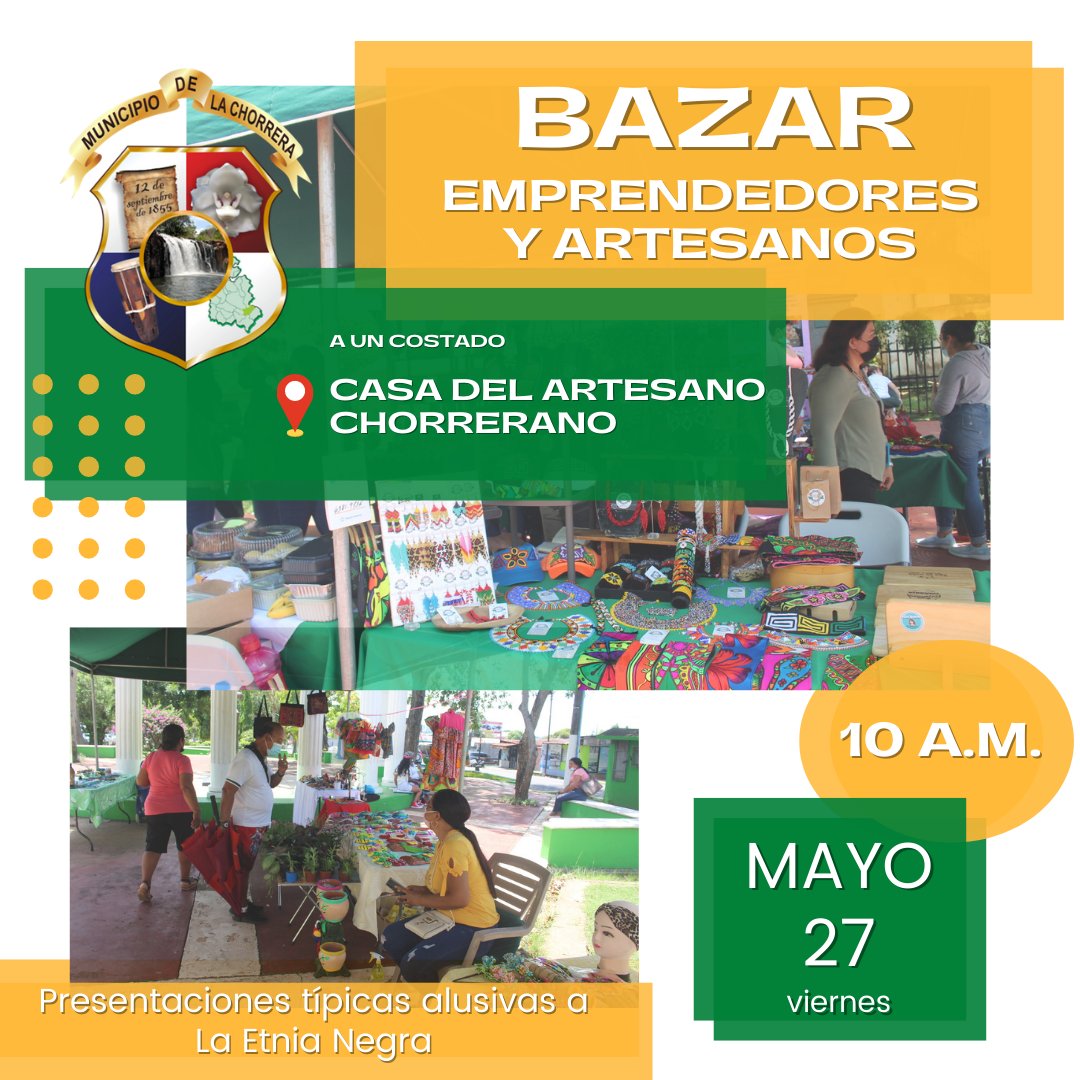 alchorrera's tweet photo. Le extendemos una cordial invitación, para que formen parte de esta actividad, contribuyendo así a la reactivación económica de nuestros emprendedores y artesanos.
#Artesanos #PanamaOeste #Reactivando #LaChorrera #Emprendedores https://t.co/4yrMGjgssI
