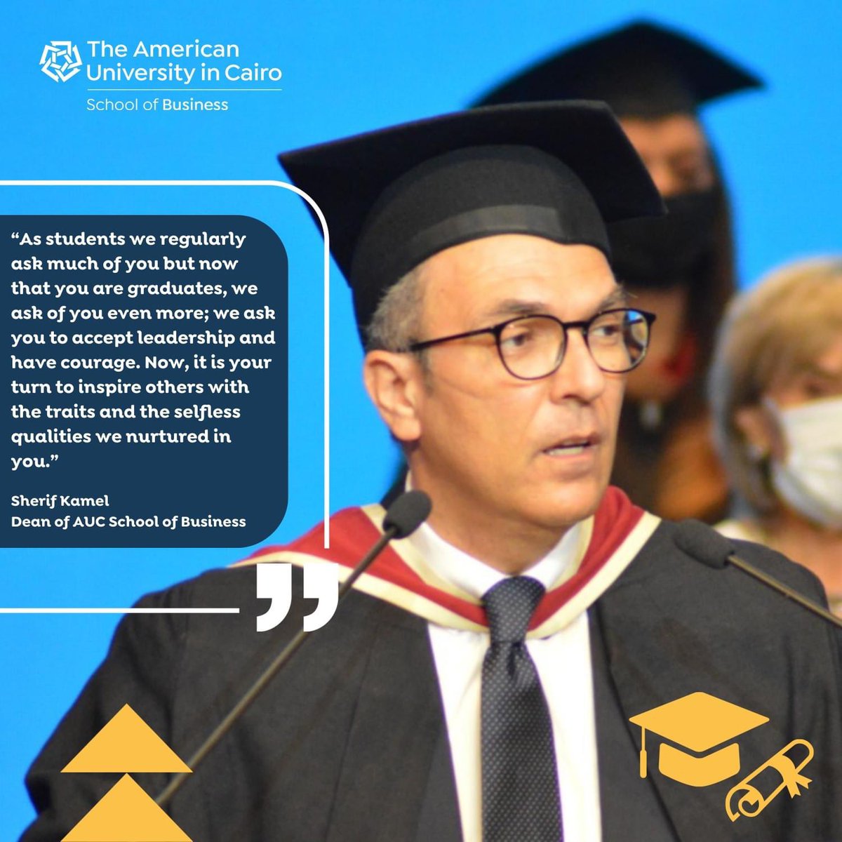 AUC_Business's tweet photo. Sherif Kamel, dean of AUC School of Business takes the stage congratulating the graduating class of Fall'21 on this achievement.
Tune in to the event live-streaming here: https://t.co/R8PRrnHPnf
#MakingAUCProud #Classof2021 #BusinessGraduates @SherifHKamel https://t.co/wU5Ki3yYP8
