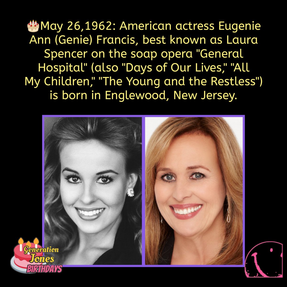 GenJones1964's tweet photo. 🎂May 26,1962: American actress Eugenie Ann (Genie)
Francis, best known for playing Laura Spencer on the soap opera "General Hospital," is born in Englewood, New Jersey.

#borninthesixties #tvhistory #televisionhistory #soaps #soapoperas #geniefrancis #generalhospital https://t.co/1p58oPuEmc