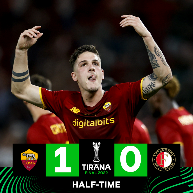 Conf_League's tweet photo. ⏸️ HALF-TIME ⏸️

Roma lead through Nicolò Zaniolo's brilliant finish 

🤔 What will happen in the second half?

#UECLfinal