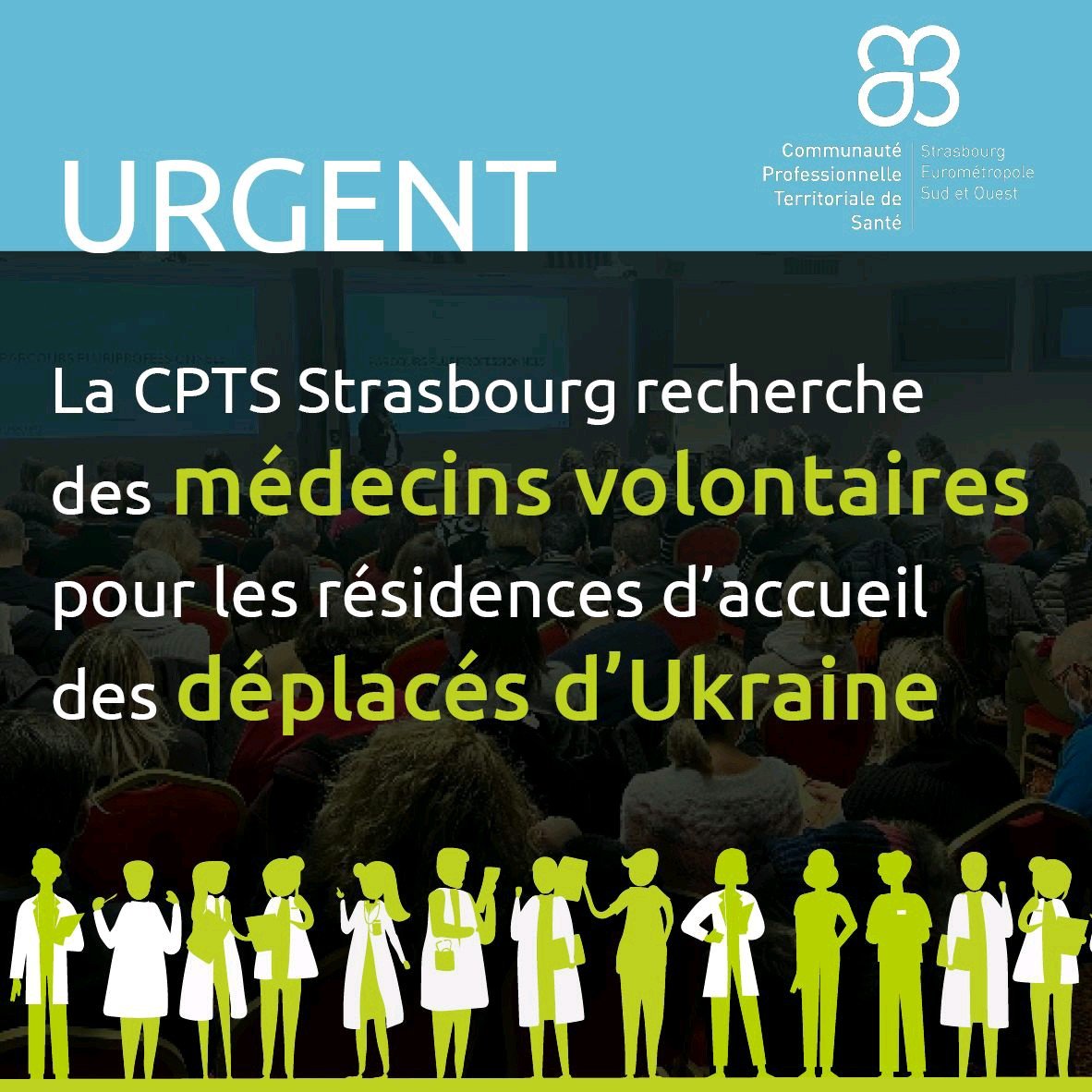 La communauté professionnelle territoriale de santé Strasbourg Eurométropole Sud et Ouest #CPTS_SEMso est à la recherche de #médecins volontaires pour les centres d'accueil de déplacés d'#Ukraine. + d'infos : contact@cpts-strasbourg.org 
Relayez SVP !
#santé #GrandEst #Strasbourg