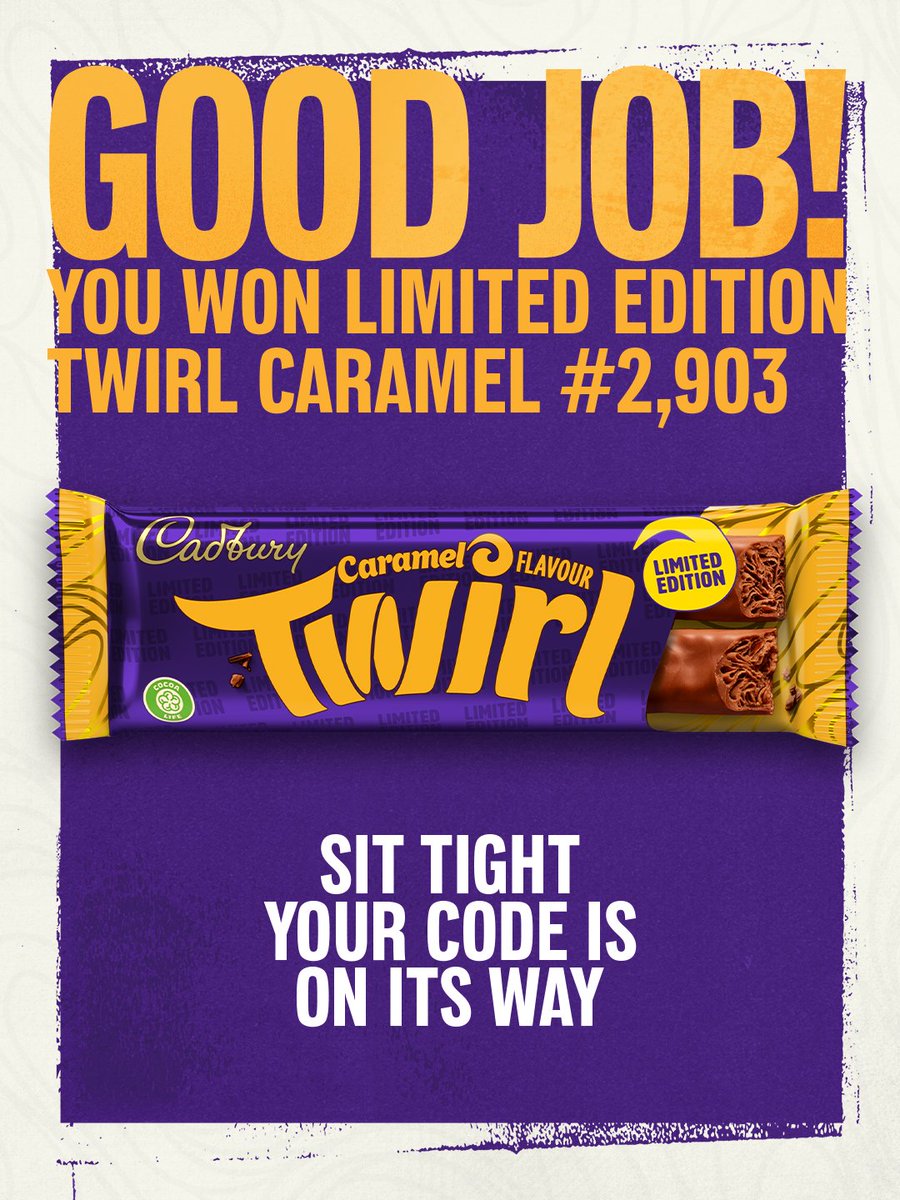 CadburyUK's tweet photo. @lydialadida Winner winner, chocky dinner! You just won one of the first free limited edition #TwirlCaramel bars. Sit tight, your redemption code is on its way. Soon you’ll be dining in style, my friend. #ControlTwirlHype https://t.co/M8Eqv9O32R