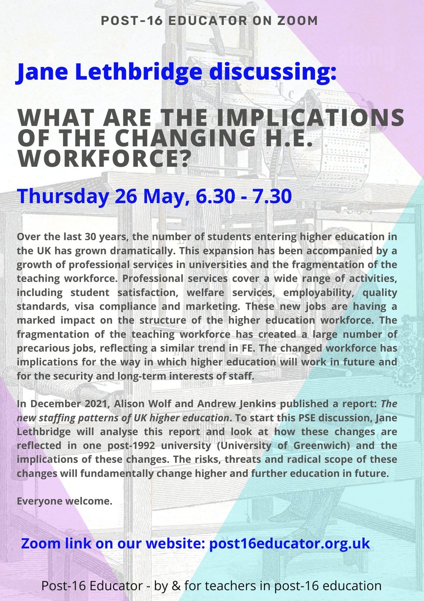 Look forward to seeing you tomorrow - the next #post16educator zoom discussion

What are the implications of the changing #HE workforce?

Thurs. 26 May, 6.30

Zoom link on the website:
post16educator.org.uk