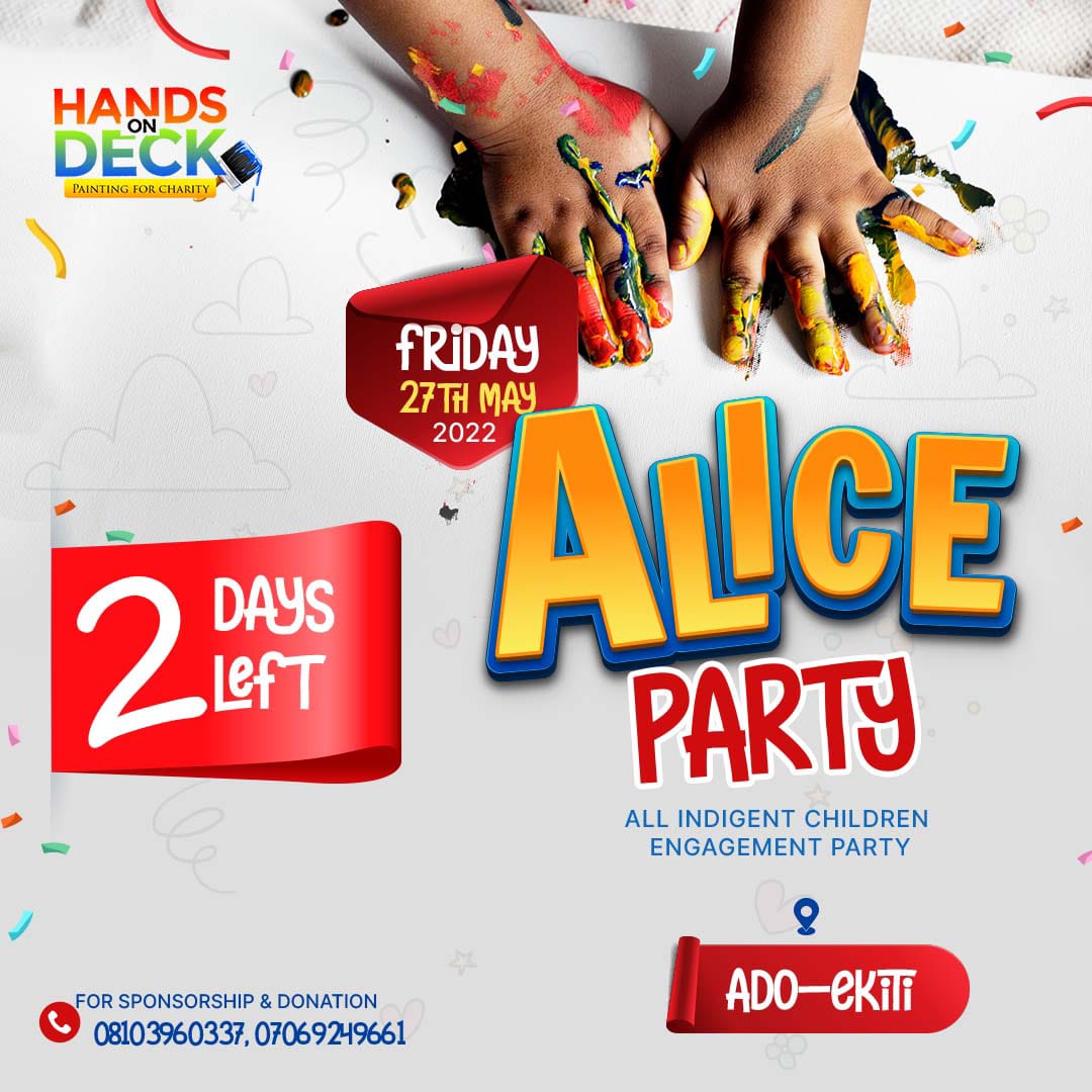 handsondeck__'s tweet photo. Charity is our duty.

HANDS ON DECK's ALICE party is in two days!!!
Ado-Ekiti!!!

#handsondeck #notforprofit #ChildrensDay https://t.co/M2323eNwv7