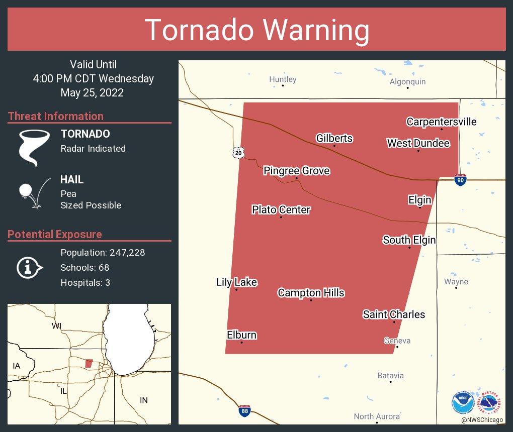 NWSChicago's tweet photo. Tornado Warning including Elgin IL, Carpentersville IL and  Saint Charles IL until 4:00 PM CDT https://t.co/zgkW5YxGWS
