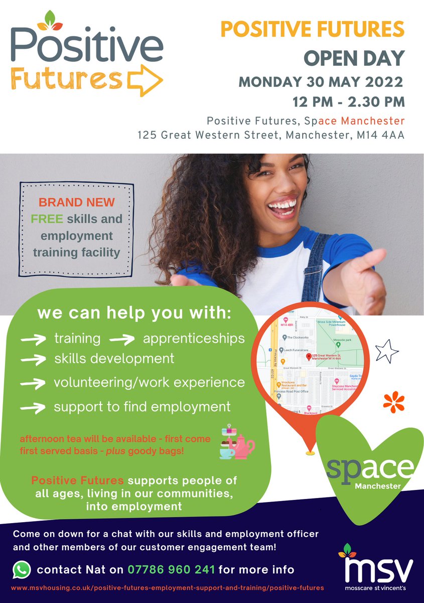 NatalieMsv1's tweet photo. Come on down to #MSV Positive  Futures Community Open Day 30th May! Have a look around the facility and speak to me and the team regarding skills and employment!
Ohh afternoon tea will be served first come, first served! 
#skillsandemployment
#newbeginnings #MSV #forwardthinking https://t.co/uCCvknb5l8