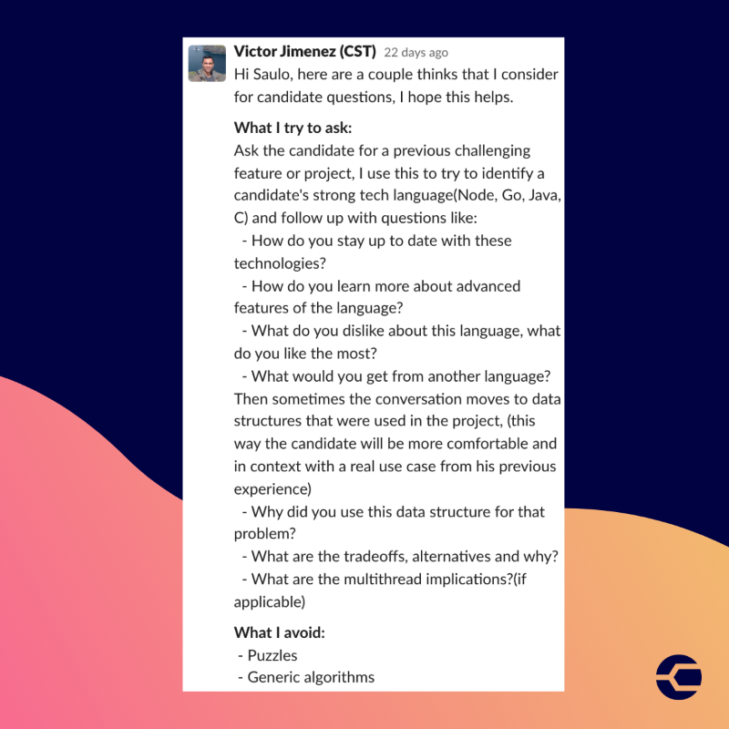 AgentCedar's tweet image. What are the best questions to ask when conducting a technical interview? 

Our community gives great examples and insights into what to look for in a candidate. 

#technicalinterviews #hiring