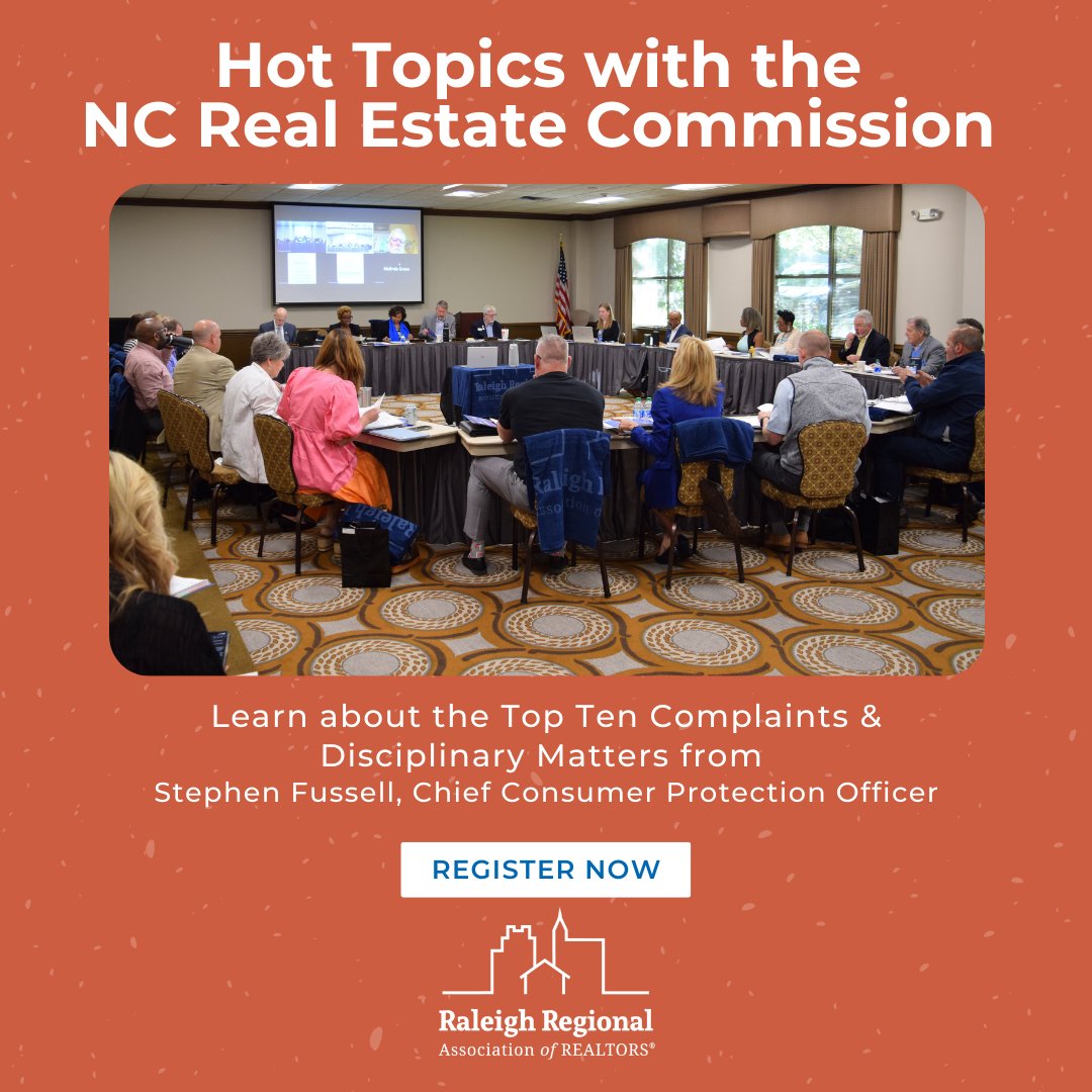 RaleighREALTORS's tweet photo. Join RRAR for a Hot Topics 🔥 discussion with Stephen Fussell, Chief Consumer Protection Officer for the NC Real Estate Commission.
June 9 - Free Event
9:00am-11:30am (Breakfast provided)
111 Realtors Way, Cary, NC
RSVP Required: https://t.co/7kSM4nrzA9
#Trianglerealtor https://t.co/RWhCgxwpvg
