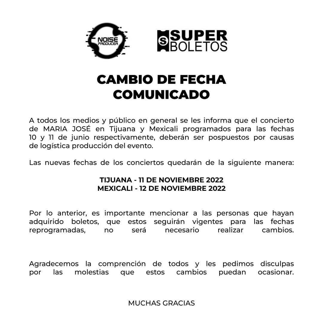 Comunicado oficial de los shows de <a href="/lajosa/">Maria Jose Loyola</a> en Tijuana y Mexicali. Sin informes respecto al reembolso para los que no puedan asistir a las nuevas fechas.