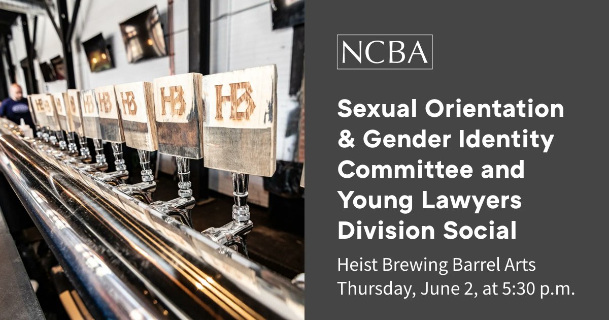 NCBAorg's tweet photo. The NCBA Sexual Orientation &amp; Gender Identity Committee and the Young Lawyers Division invite you to a happy hour to celebrate the LGBTQ+ community, welcome law students working in Charlotte this summer, and help us all to forge meaningful connections: https://t.co/kWmma4WCEQ. https://t.co/GDaKSP0FBH