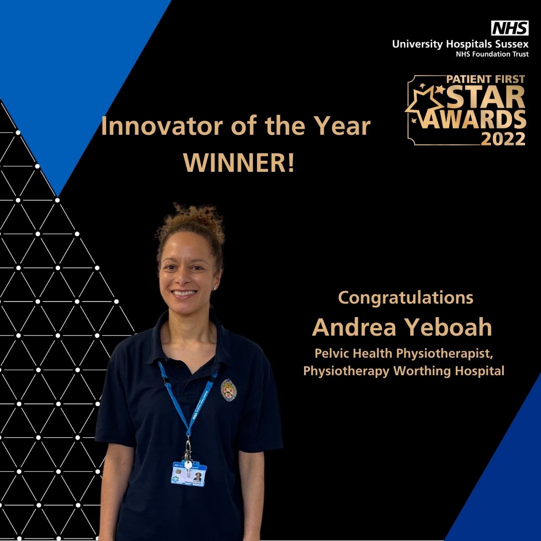 Congratulations to our Innovator of the year Andrea Yeboah. Andrea has developed a free online digital programme for Obstetric patients called WEPP (Well-being and Exercise Programme in Pregnancy) #OurStars #UHSussexStarAwards