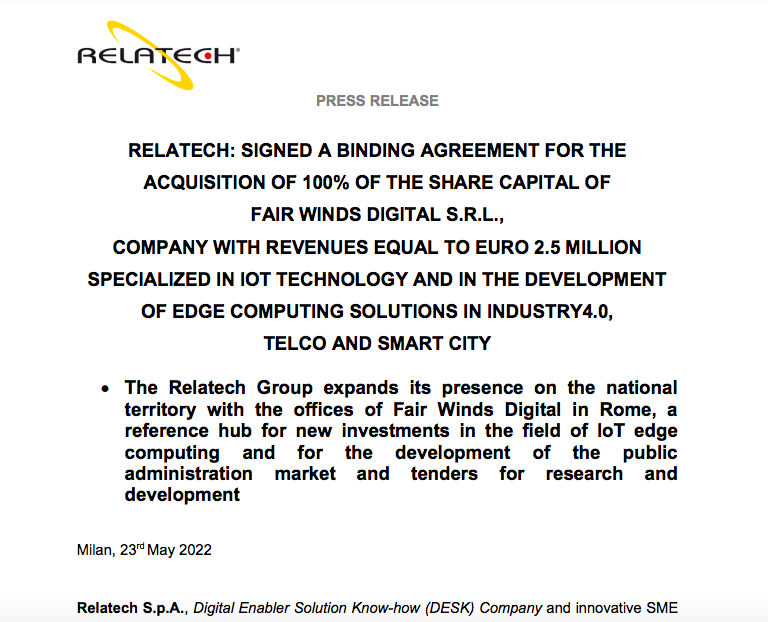 🎯 Nueva adquisición de Relatech $RLT: 

Fair Wind: especializada en IoT. Viene a complementar  el segmento de EFA

✅Revenue: € 2.5M
✅Han pagado €310K. 0,12 ventas. Todo en cash

👉Conclusión: adquisición pequeña a buen precio. Sigue ejecutando su estrategia.