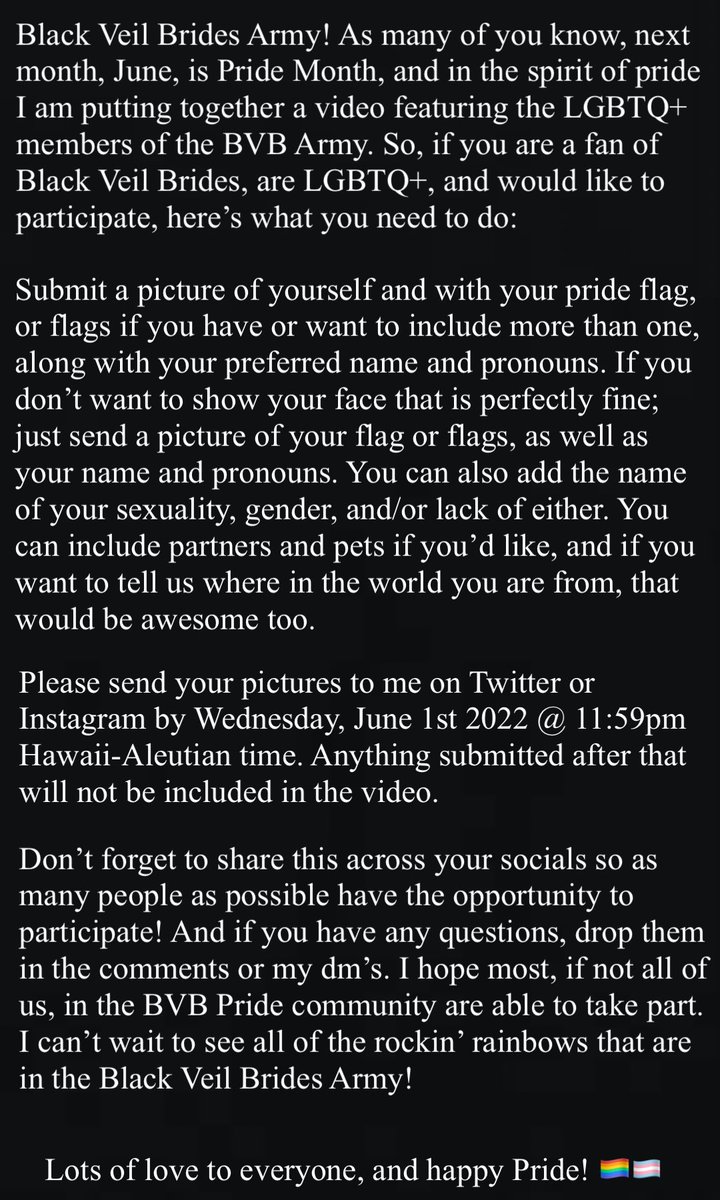 bellamy_dawes's tweet photo. One week until the deadline LGBT members of the BVB Army! Iβve received a few amazing submissions so far, but would love to get dozens more to include! @JakePittsBVB @JinxxBVB @christiancoma @LonnyEagleton @andyblack @blackveilbrides can you help spread the word? https://t.co/EikQyfGKLK