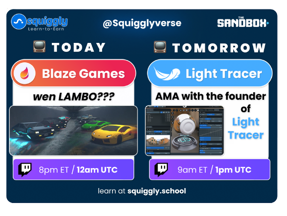Squigglyverse's tweet photo. ๐จ SURPRISE SQUIGGLY STREAM ALERT ๐จ๐คฏ
In a few hours, catch our Twitch to hear @BlazeGamesAU share the secret sauce to making + selling @TheSandboxGame NFTs ๐ฅ
TOMORROW, hear from THE FOUNDER of @ltrender3d on Light Tracer 2 + how to render like a PRO๐ https://t.co/tRTt0vSKzL