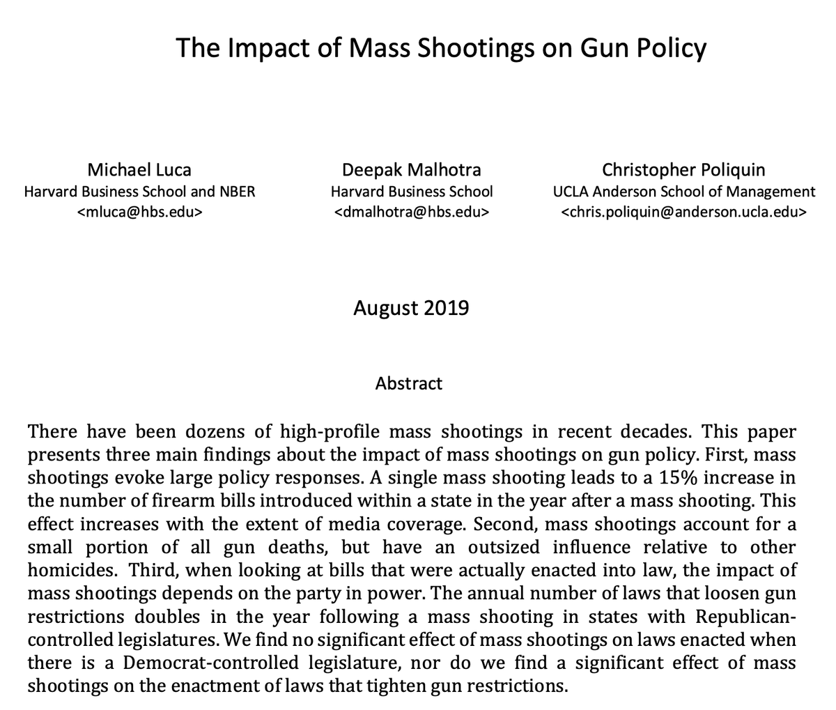 mattyglesias's tweet image. Heavy media coverage of mass shootings is associated with the enactment of more gun legislation at the state level ...

... gun legislation that is normally passed by GOP-controlled legislatures and serves to reduce gun regulation. 

hbs.edu/ris/Publicatio…